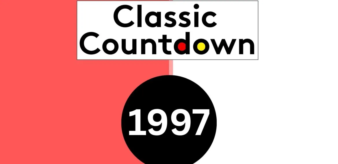 A graphic with a red and white split background, text reads Classic Countdown with colored “o” letters, and a large black circle below contains the number 1997 in white, subtly hinting at planetary shifts in pop culture.