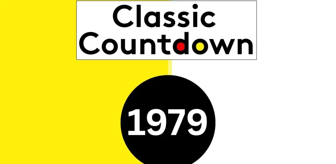A graphic with a yellow and white split background, featuring the words Classic Countdown above a large black circle with 1979 written inside in white text. The letters d and o in countdown are colored red and yellow, evoking a disco vibe.