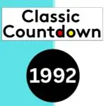 A split blue and white background with the words Classic Countdown in black text above a black circle containing 1992 in white text, highlighting global shifts. The letters o and d in Countdown are colored yellow and red.