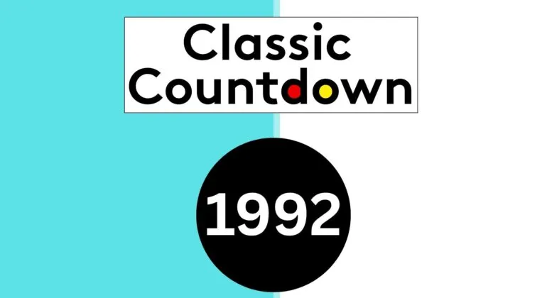 A split blue and white background with the words Classic Countdown in black text above a black circle containing 1992 in white text, highlighting global shifts. The letters o and d in Countdown are colored yellow and red.