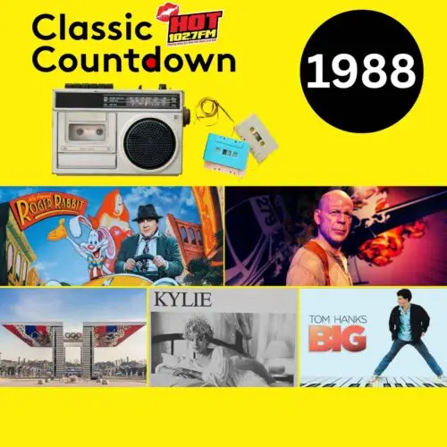 A vibrant collage with a yellow background features a vintage radio, cassette tape, Classic Countdown 1988 text, and images from 1988: Who Framed Roger Rabbit, Bruce Willis, global shifts at the Olympics, Kylie Minogue, and Tom Hanks in Big.