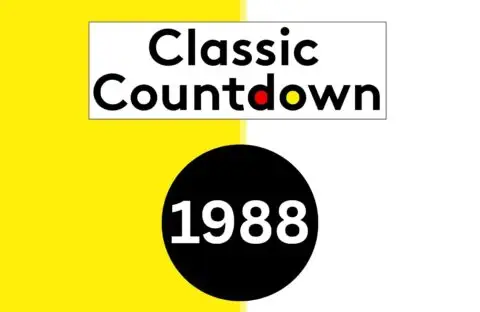A graphic with a yellow and white split background. Text reads Classic Countdown with colored letters, above a large black circle containing 1988 in white—capturing the era’s energy during major global shifts.