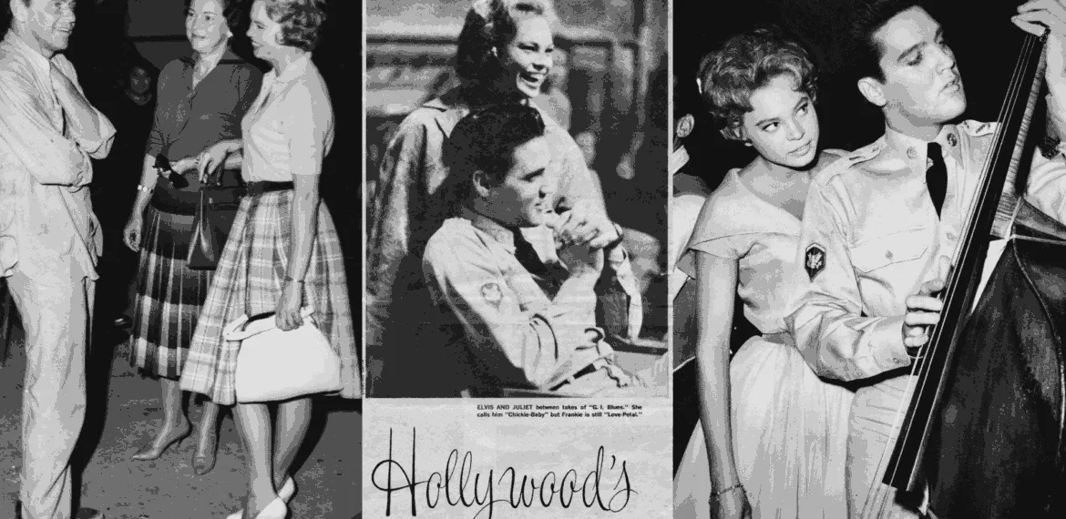 A collage of three black-and-white photos: people chatting, two women smiling, and a man in uniform playing a large string instrument with a woman beside him. The center features the text Hollywood’s MOST WANTED.