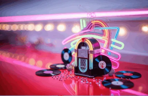 A retro jukebox surrounded by vinyl records and beads sits on a shiny red counter, with neon lights and blurred bulbs glowing in the background, creating a vibrant, nostalgic diner atmosphere.