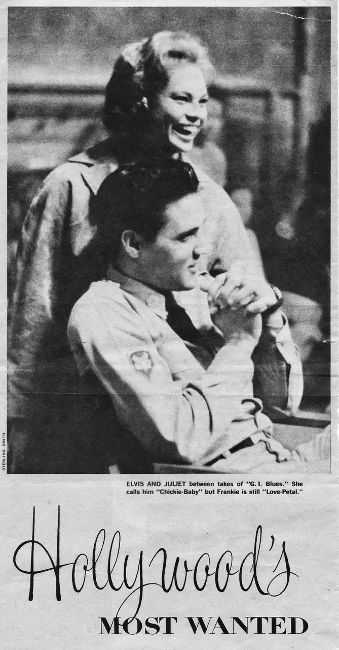 Black-and-white photo of a smiling woman standing behind a seated man in a military uniform. Both appear relaxed. Text below reads: Hollywood’s MOST WANTED with a caption about Elvis and Juliet.